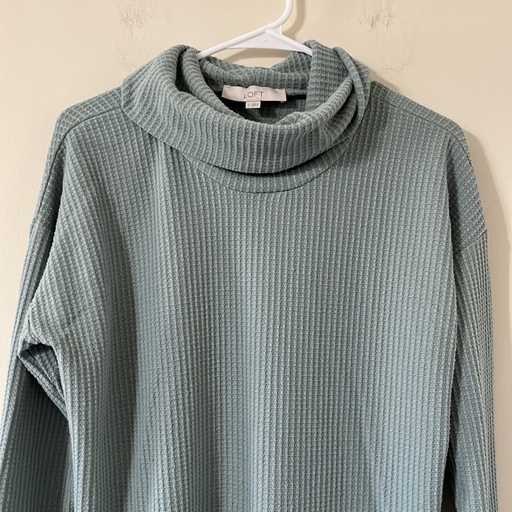 LOFT Waffle Knit Cowl Neck Blue Green Long Sleeve Sweater Size Small - Picture 2 of 7